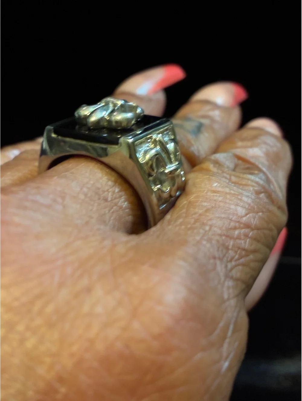 Men’s Stainless Steel Fleur-De-Lis Black Onyx Signet Statement Ring - Size 10